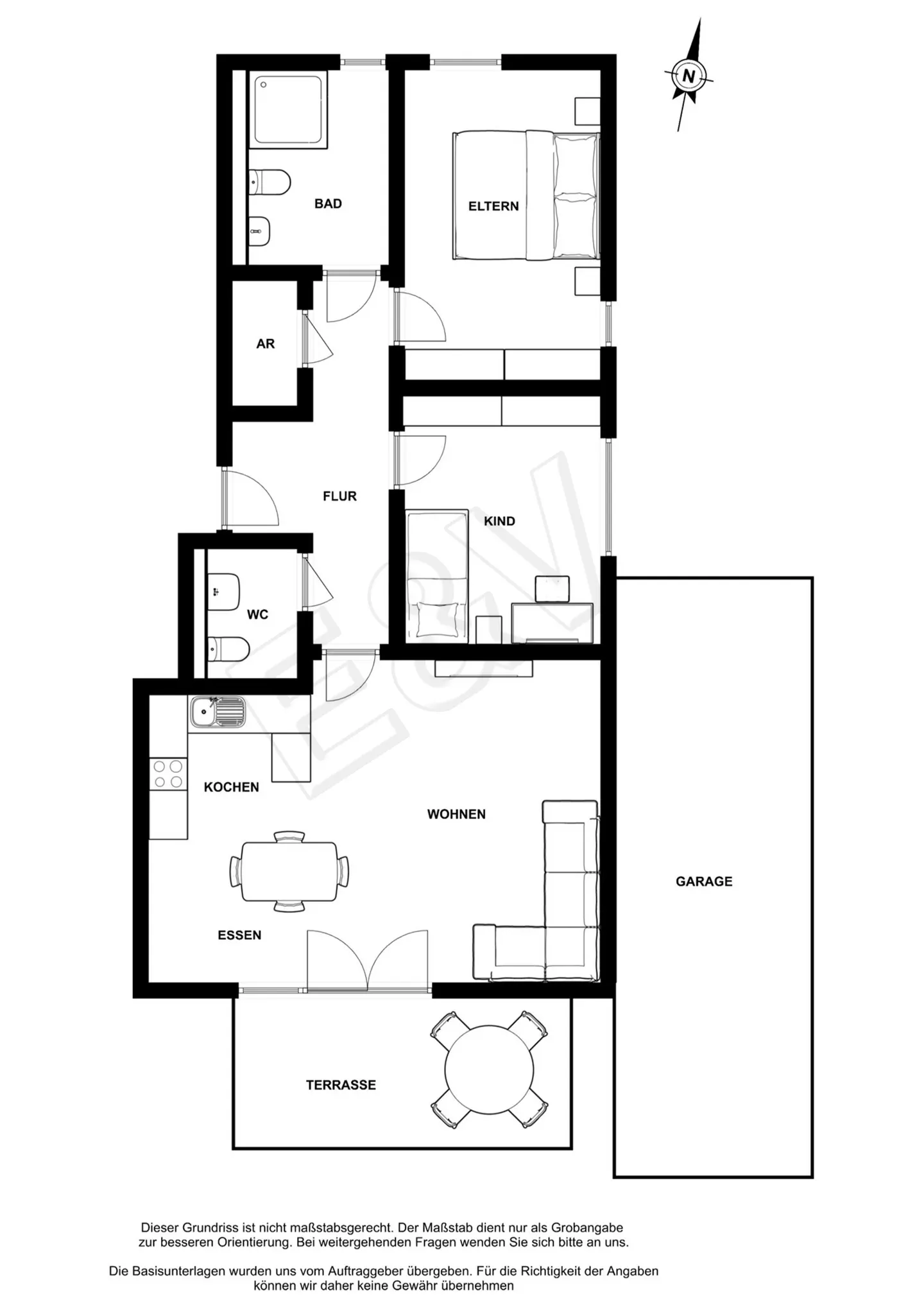 Floor plan in black and white showing a house with a garage, terrace, kitchen, and bedrooms.