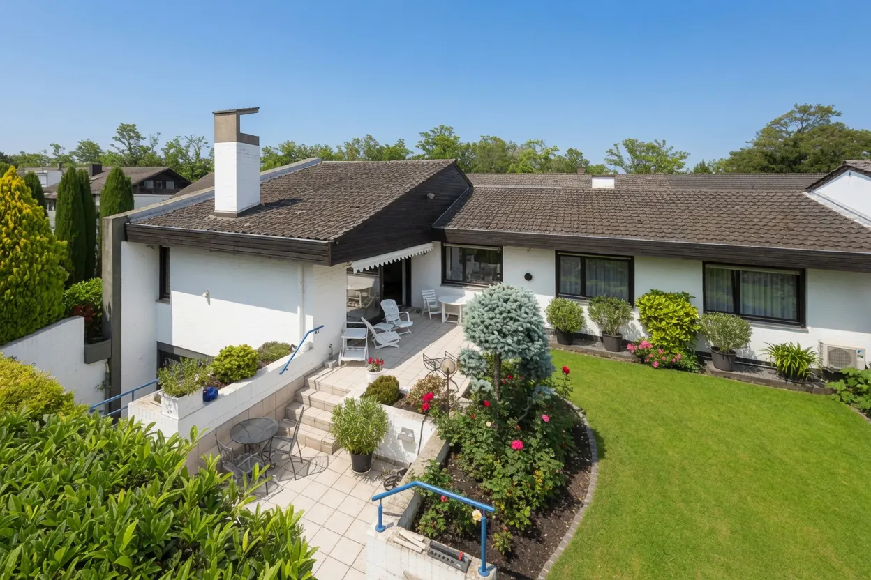 White house with a dark tiled roof, a tiled patio with outdoor furniture, and a lush green lawn under a clear blue sky.