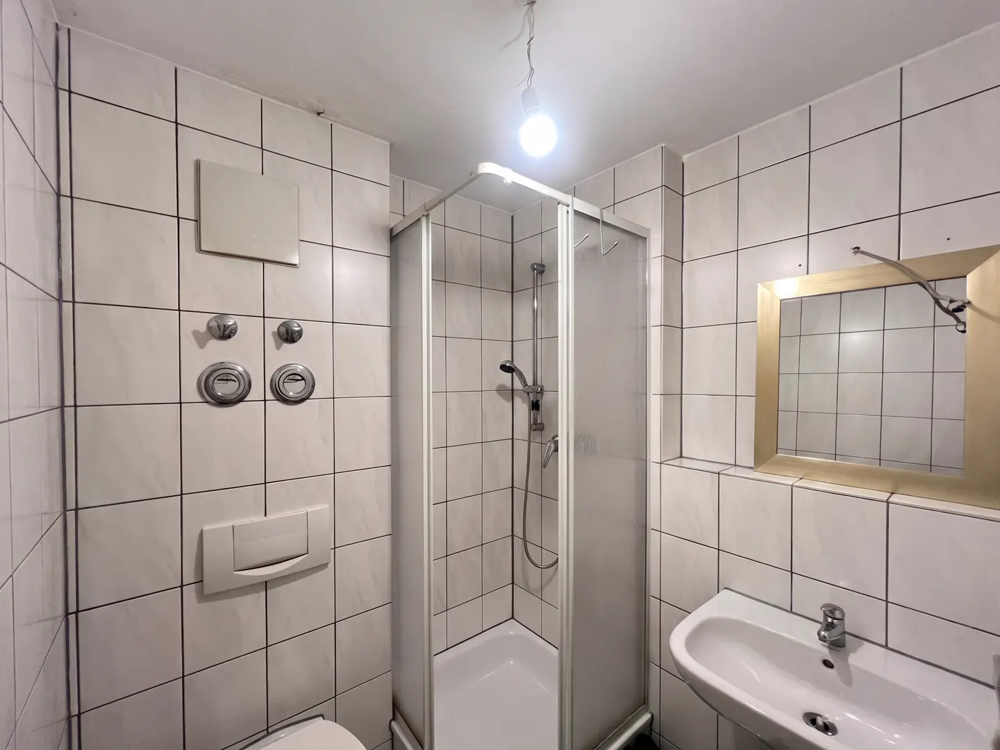 Bathroom with white tiled walls, a corner shower stall, a pedestal sink with a gold-framed mirror, and a wall-mounted toilet.