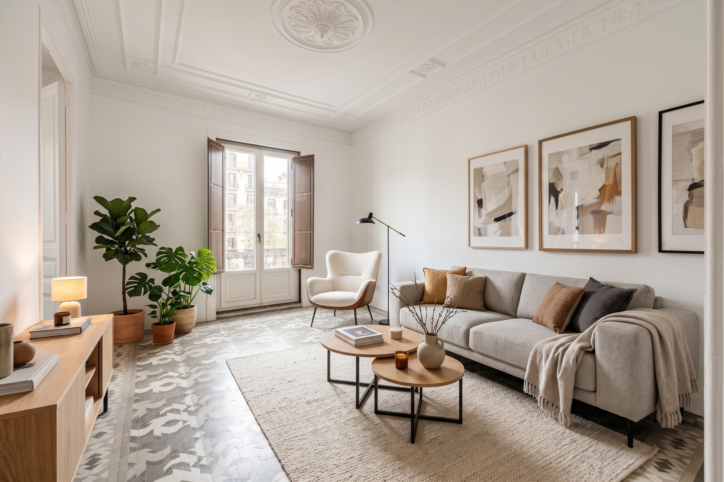 Bright living room with a beige sofa, two round coffee tables, a white armchair, potted plants, and abstract wall art. [AI-generated text] [AI-modified]