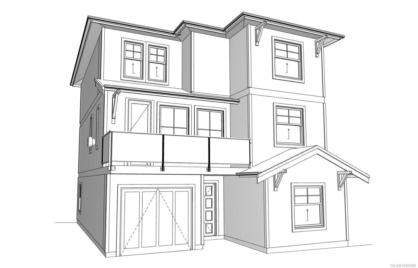 Architectural line drawing of a three-story house with a garage and balcony. The house has multiple windows and a front door.