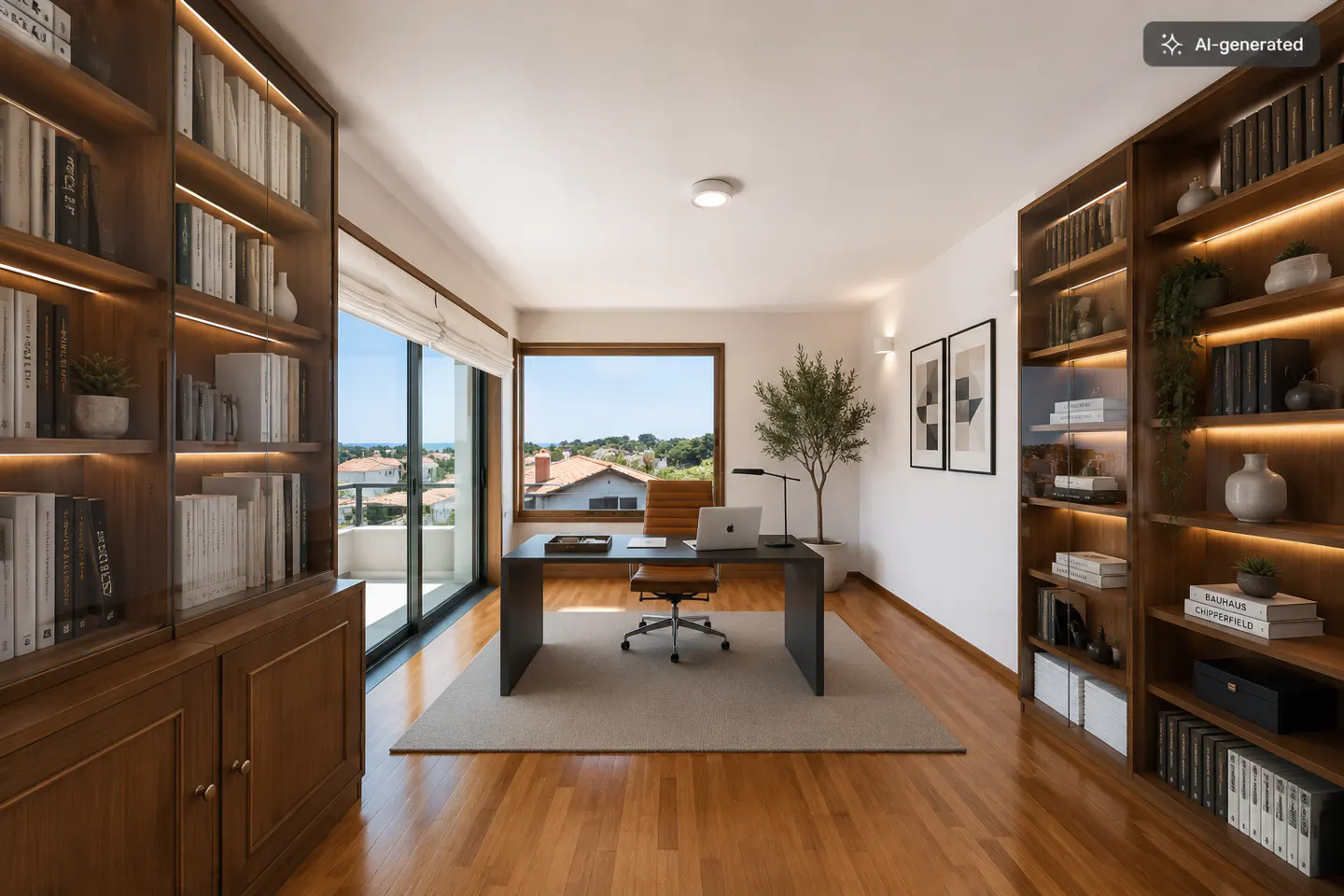 A bright home office with wood floors, built-in bookshelves, a desk, and a view of the outdoors.
