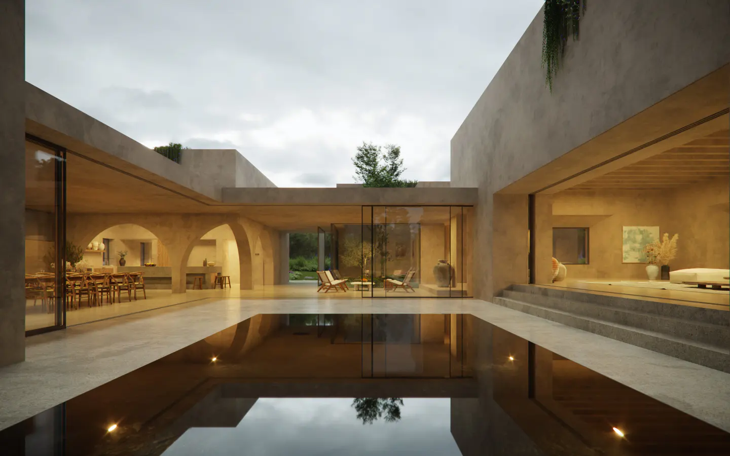Modern home exterior with a dark pool reflecting the building's architecture. Arches, glass walls, and neutral tones create a serene atmosphere.