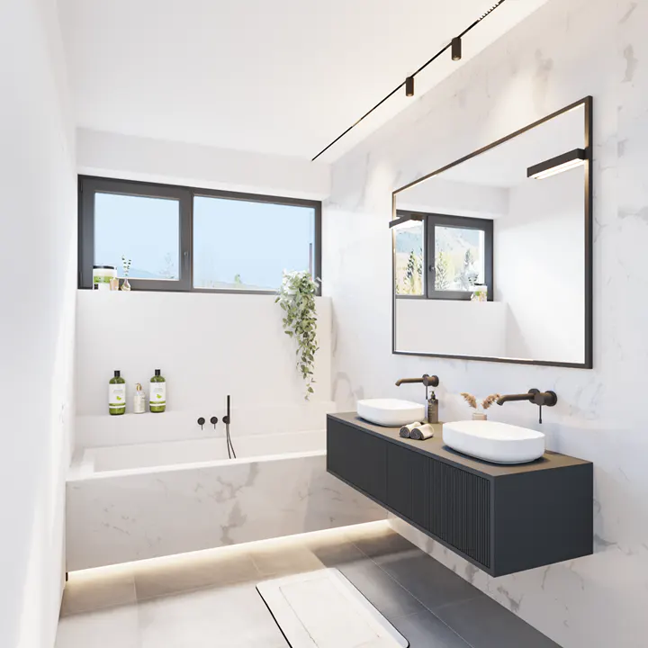 Modern bathroom with white marble walls, a black vanity with two white sinks, and a large mirror. A bathtub is visible to the left.