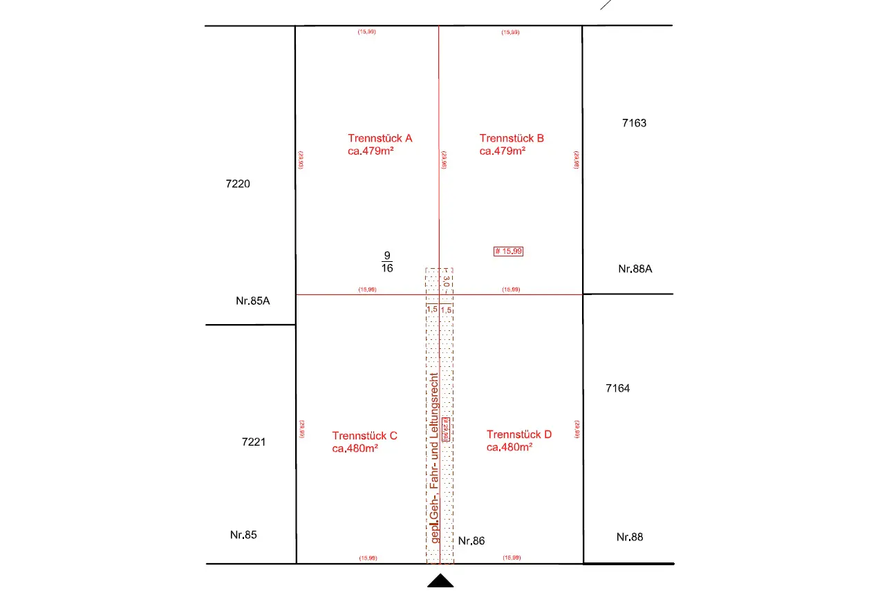 Plat map showing four parcels labeled A, B, C, and D, with dimensions and parcel numbers. A central right-of-way is indicated.