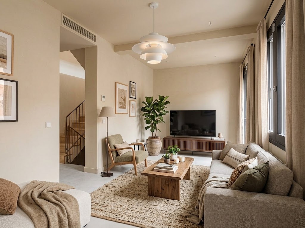 Modern beige living room with a sofa, wooden coffee table, armchair, large potted plant, and a TV on a slatted media console. [AI-generated text]