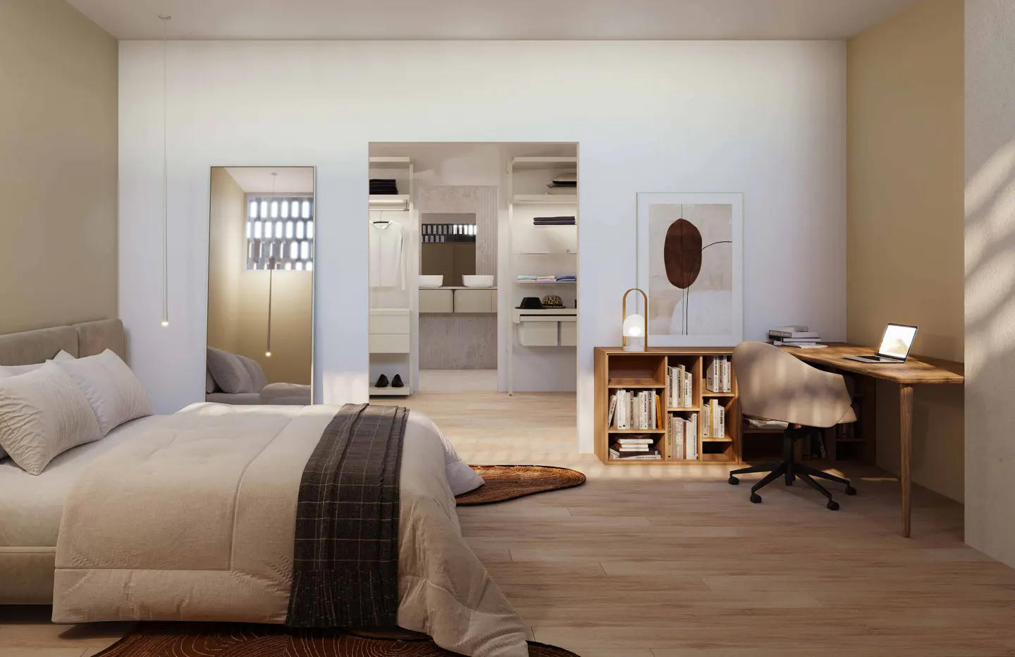 Bedroom with a bed, desk, and open closet. The bed has white linens and a gray throw. A desk with a laptop sits near a bookshelf.