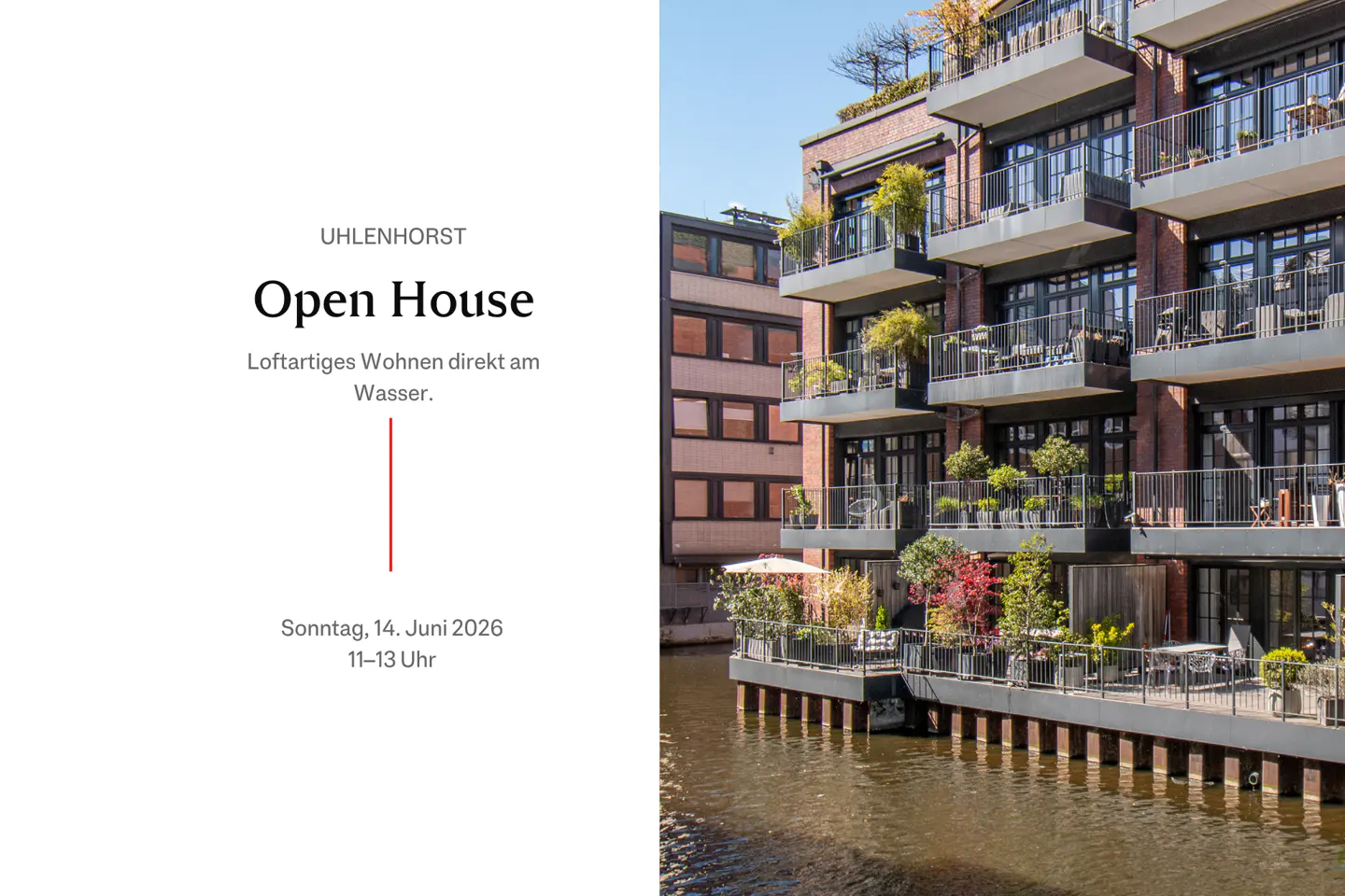 Open House flyer for a waterfront loft in Uhlenhorst, featuring a modern brick apartment building with balconies on a canal.