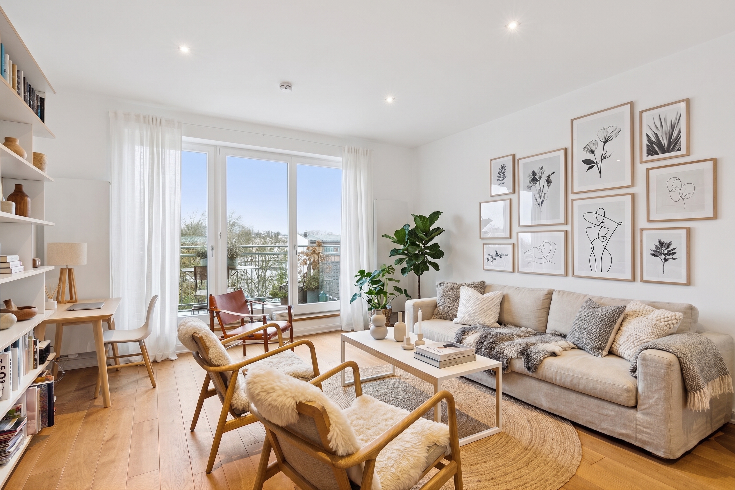 Bright living room with beige sofa, two wooden armchairs with sheepskin throws, gallery wall, and balcony view. [AI-generated text] [AI-modified]