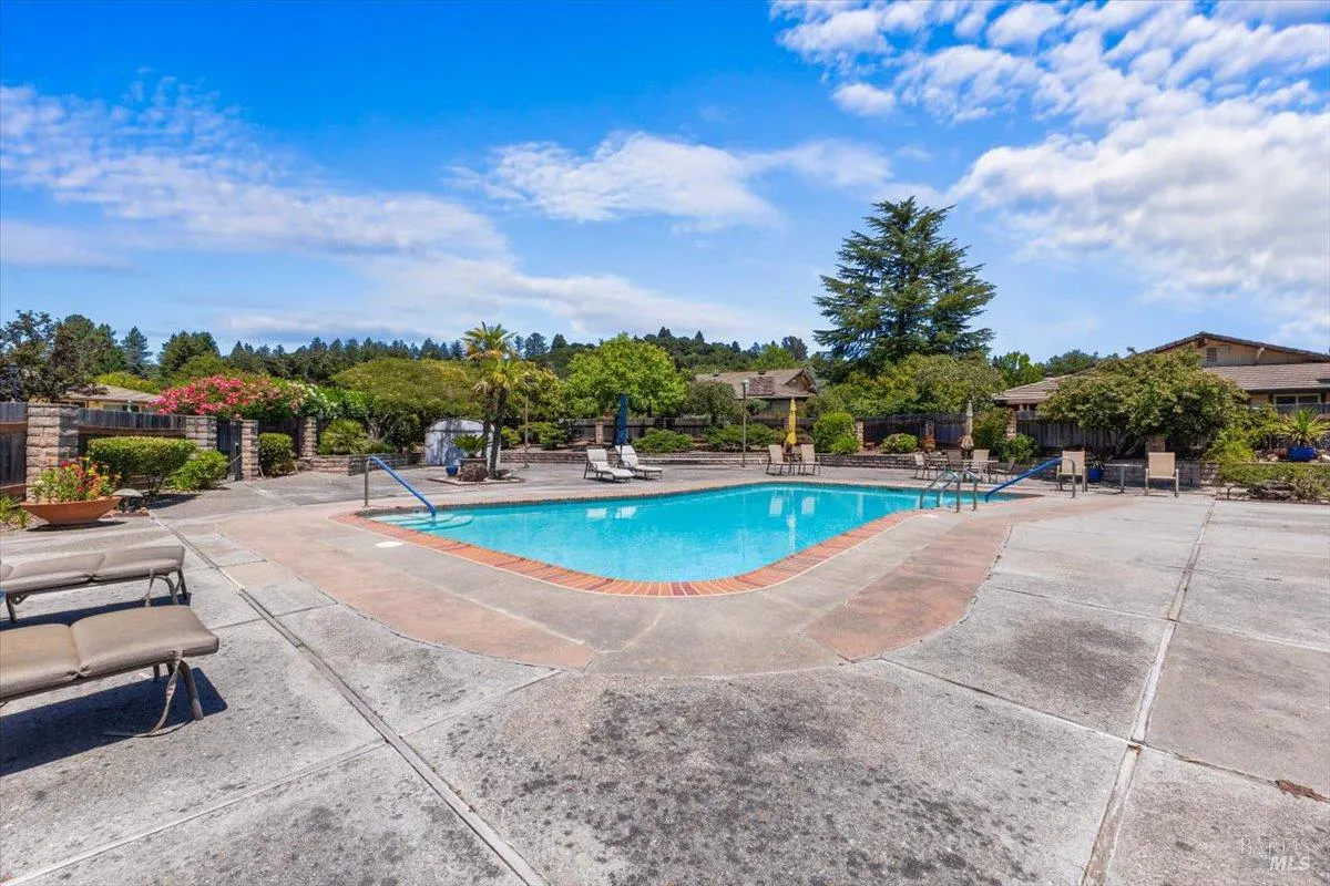 Outdoor swimming pool with blue water, concrete deck, lounge chairs, and lush green trees under a bright blue sky.