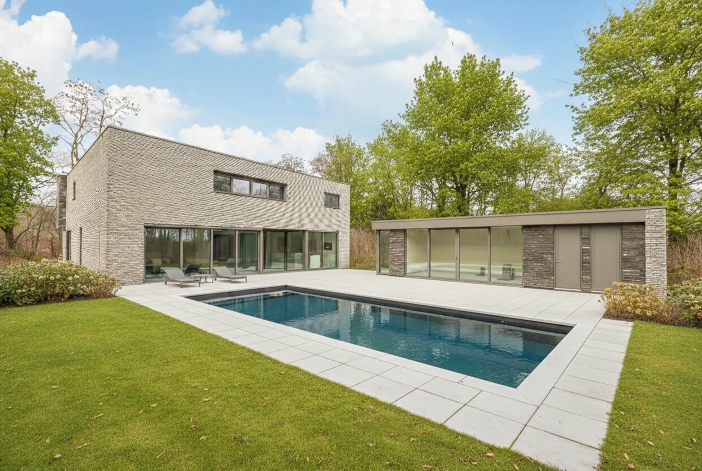 Modern home with a pool. The house is light brick with large windows. A pool house sits to the right of the pool. Green grass surrounds the pool.