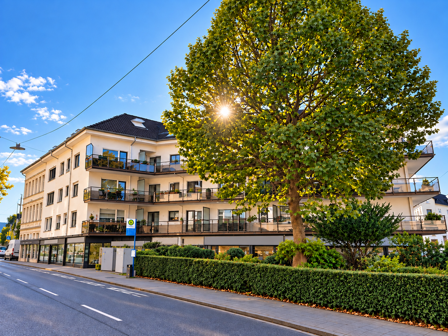 A multi-story apartment building with balconies, a large tree, and a bus stop sign on a sunny street. [AI-generated text]