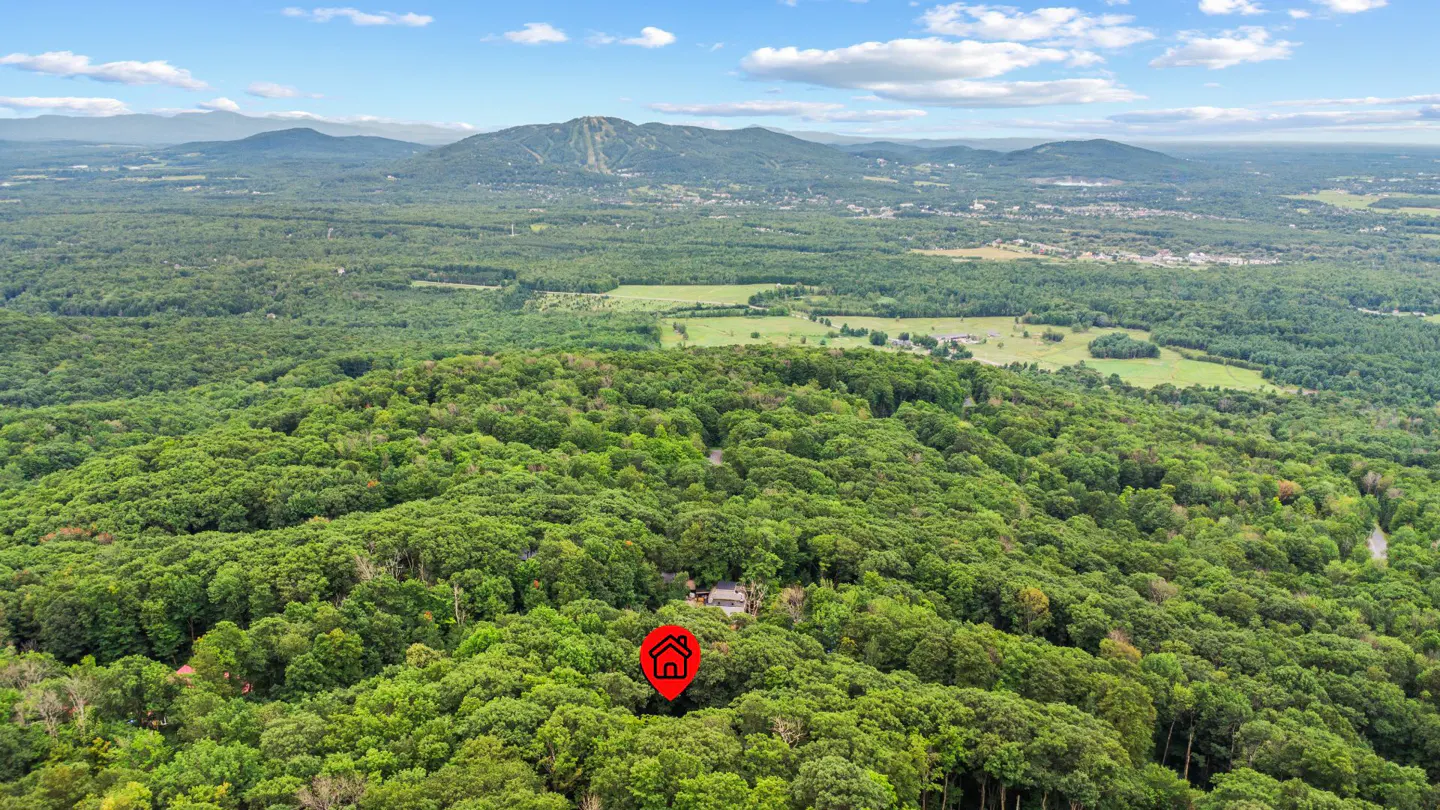 Aerial view of a house nestled in a lush green forest with mountains in the background. A red house icon marks the property's location.