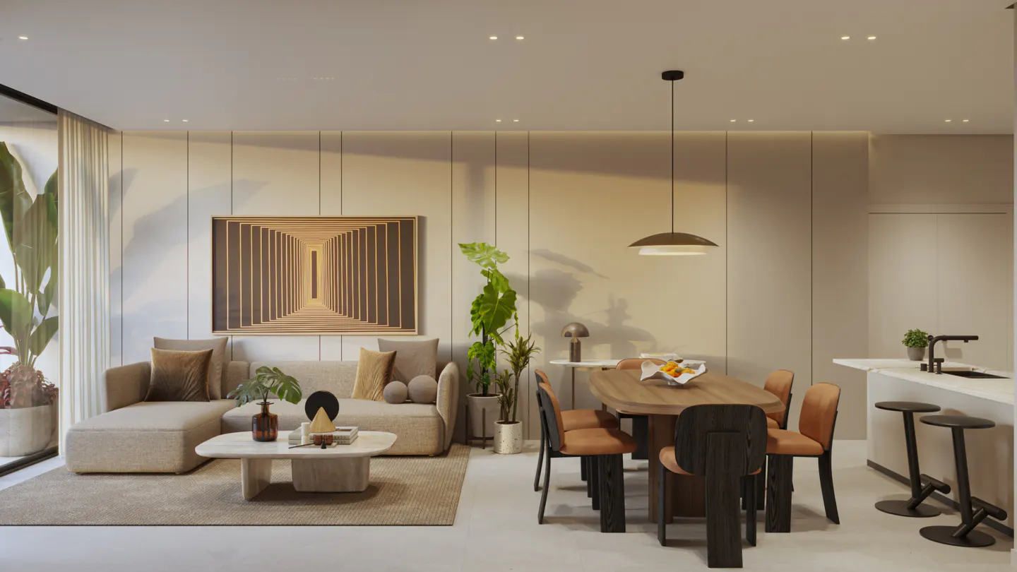 Open-concept living space with a beige sectional sofa, wood dining table, and modern kitchen. Artwork and plants add warmth to the neutral palette.