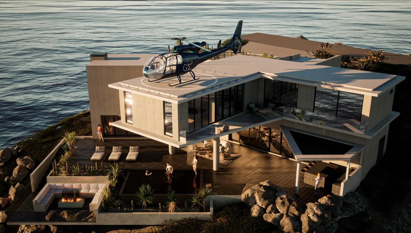 Modern cliffside home with a helicopter on the roof. People are swimming in the pool and relaxing on the patio. Ocean view.