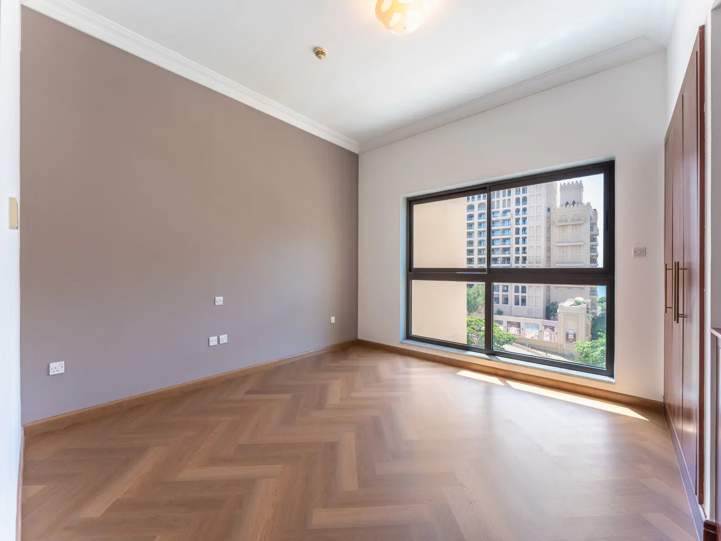 Empty room with herringbone wood floors, taupe wall, and large window with city view.