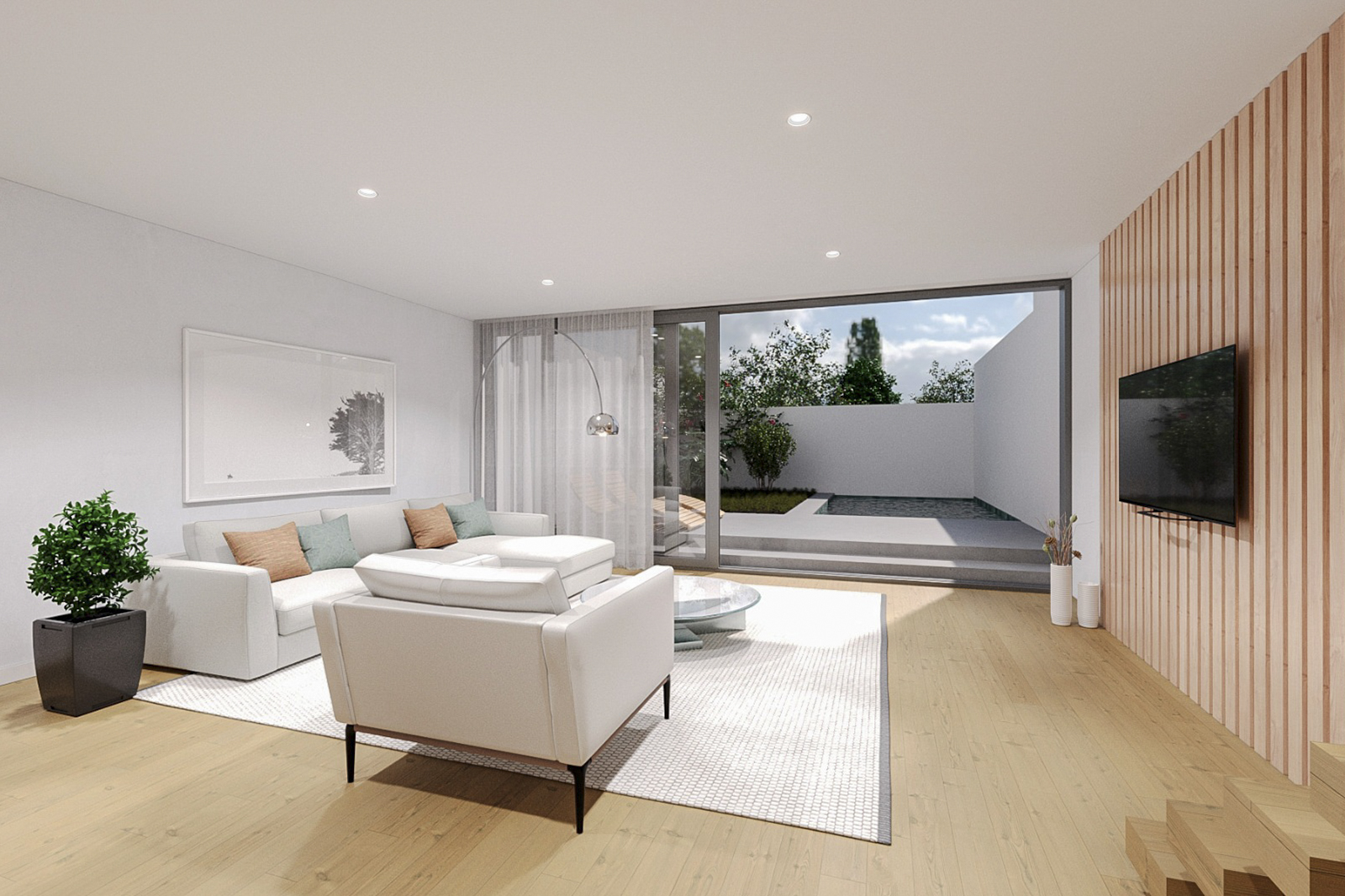 Modern living room with white sofa, armchair, wood-slat wall with TV, and sliding doors opening to a patio with a pool. [AI-generated text]