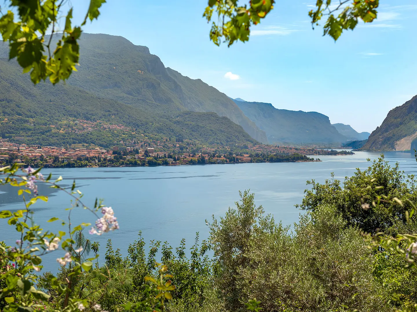 Scenic view of Lake Iseo, Italy, with blue water, green mountains, and a town nestled along the shore, framed by foliage.