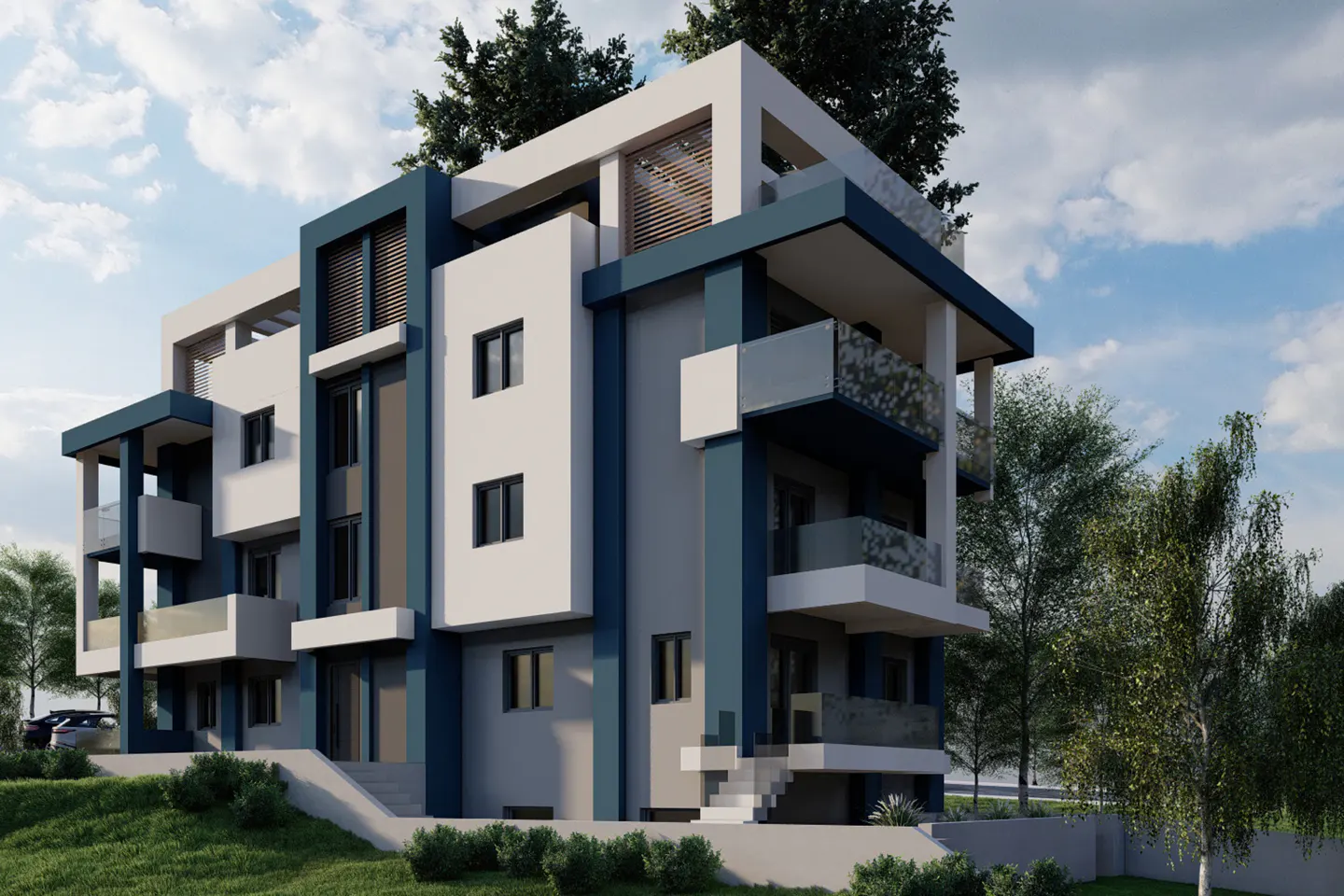 Modern three-story apartment building with white and blue accents, balconies, and green landscaping against a cloudy sky.