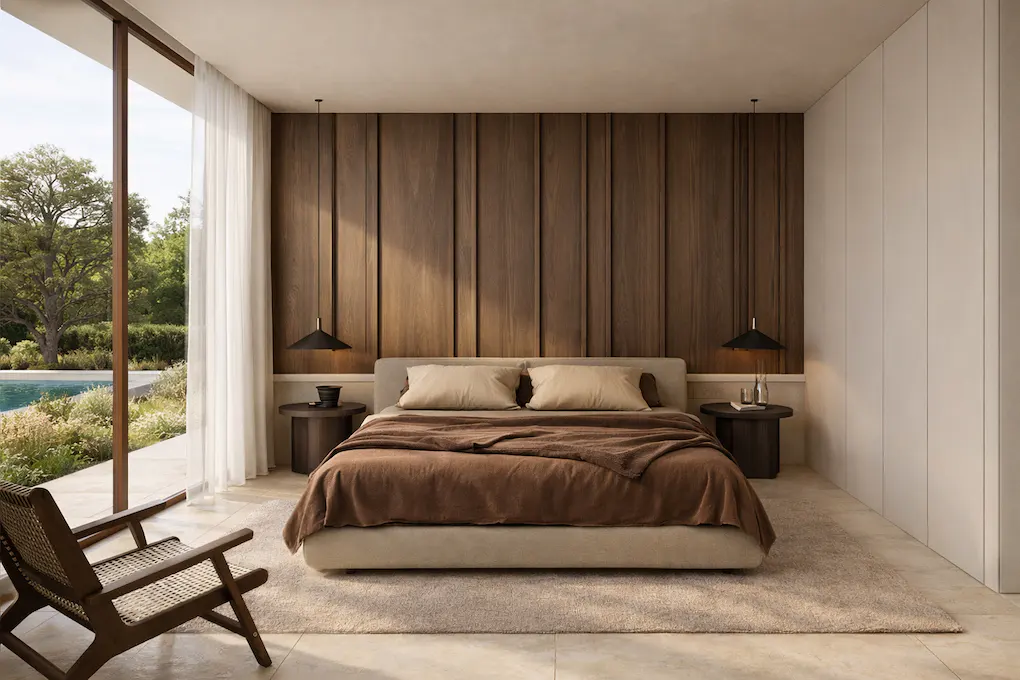Modern bedroom with a brown bed, wood-paneled wall, hanging lights, and a view of a pool through floor-to-ceiling windows.