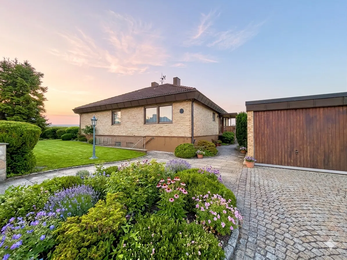 A tan brick house with a brown roof, green lawn, and colorful flower garden under a pink and blue sky. A brown garage is on the right.