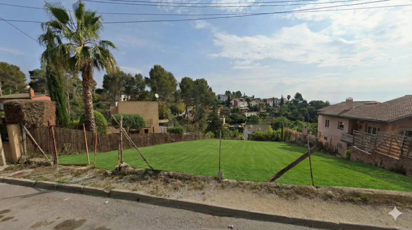 View of a grassy lot with a palm tree and a fence, houses on a hill in the background.