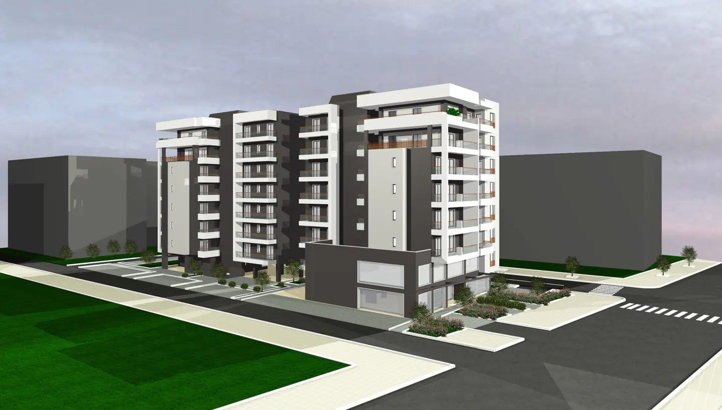 Rendering of a modern, multi-story apartment building with black and white facade, balconies, and street-level retail space.