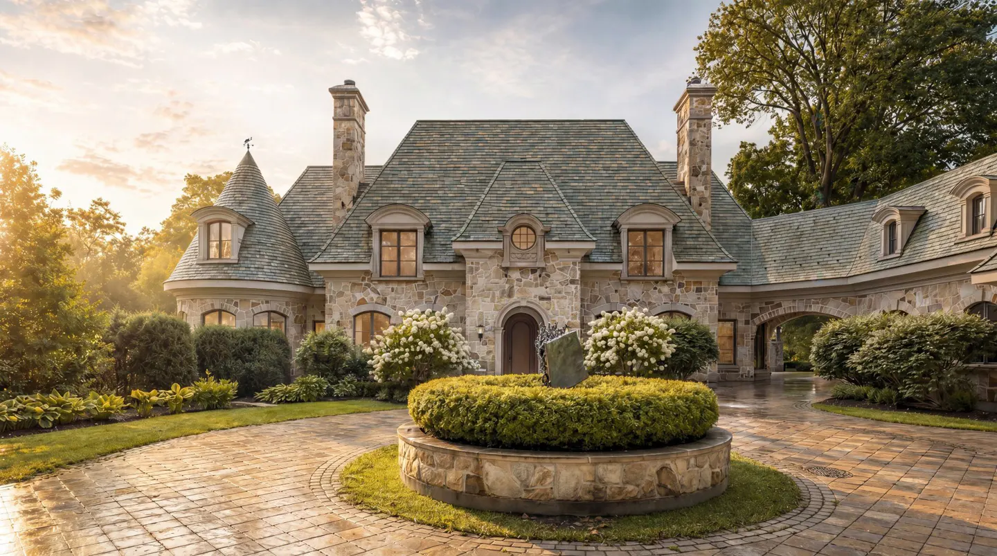 Stone mansion with turret, chimneys, and arched entryway. A circular stone fountain sits in front of the house.