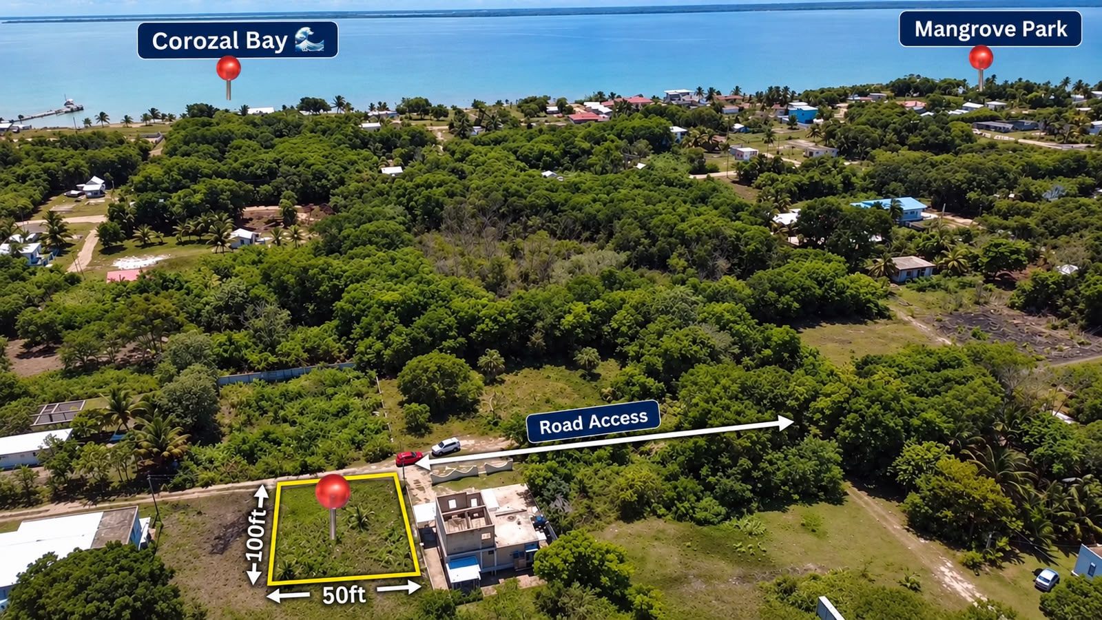 Aerial view of a 50x100ft lot near Corozal Bay and Mangrove Park, featuring road access and surrounding lush greenery. [AI-generated text]