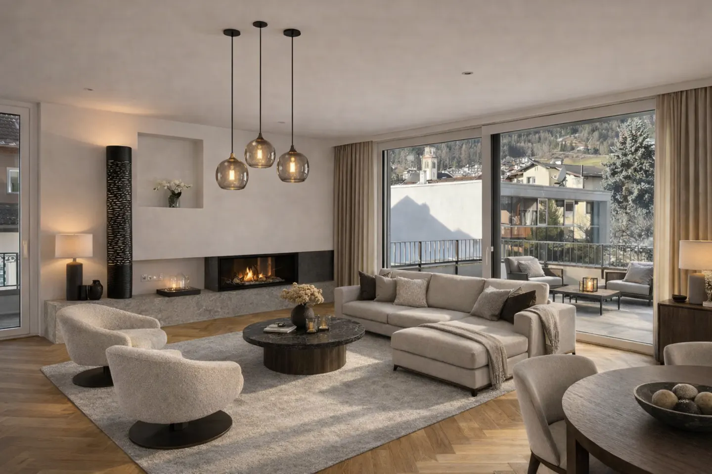 A modern living room with a fireplace, beige sofa, round table, and two chairs. A large window shows a view of a town.