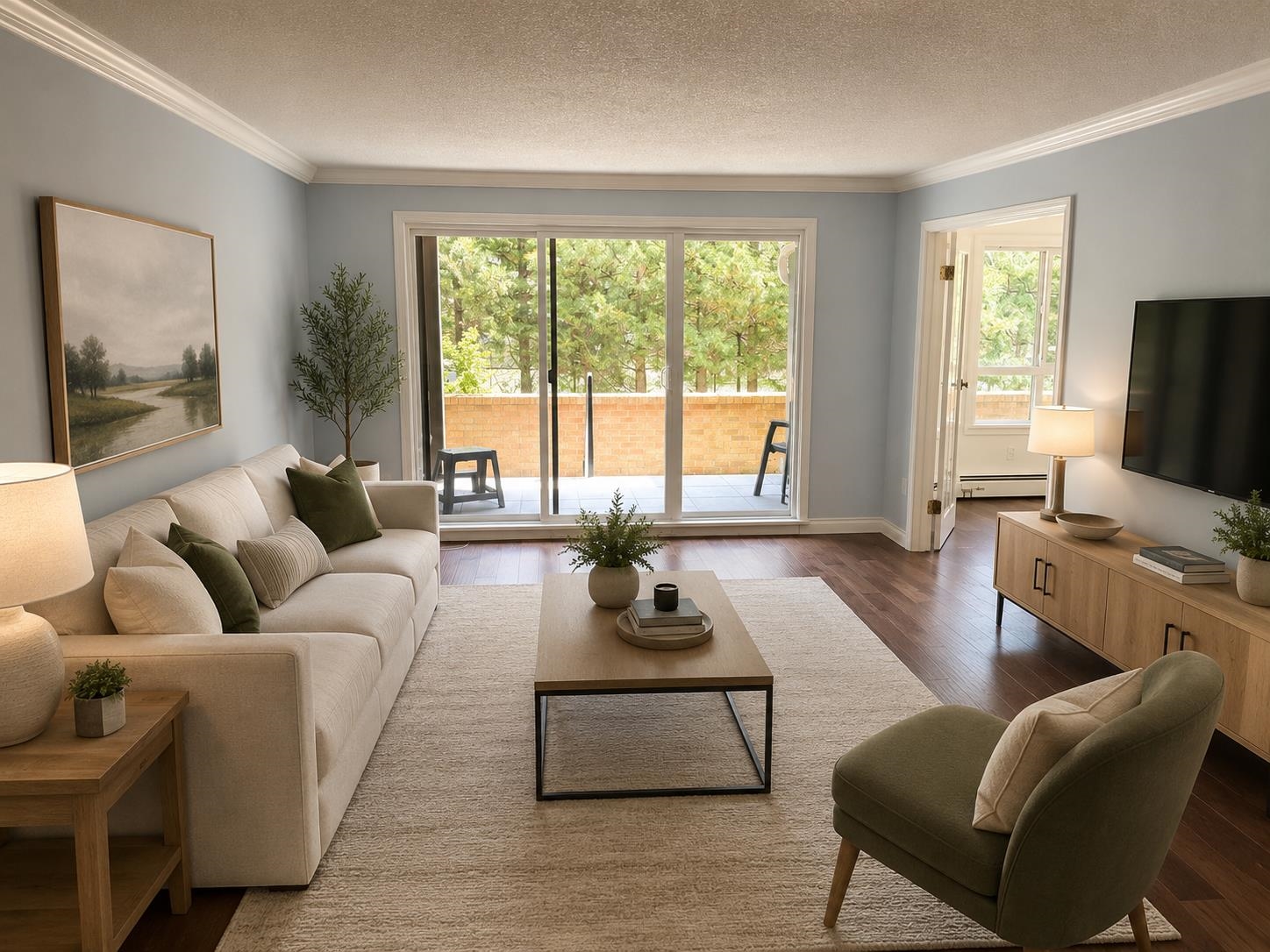 Bright living room with light blue walls, cream sofa, green accent chair, coffee table, and sliding doors to a balcony.