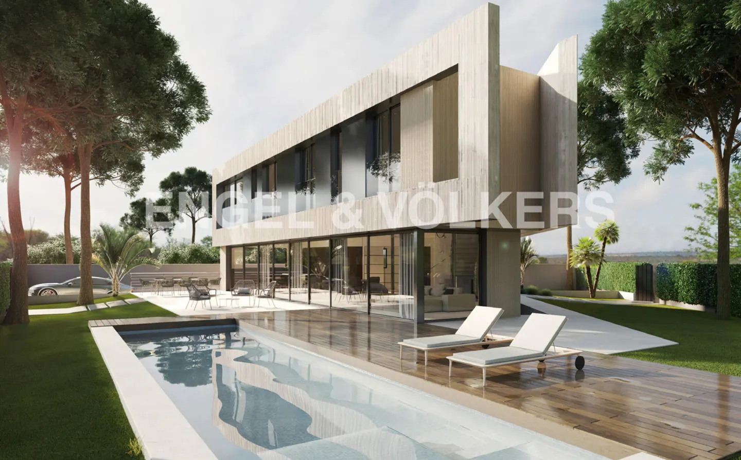 Modern two-story home with a pool and two lounge chairs in the backyard. The house is light gray with large windows. Trees surround the property.