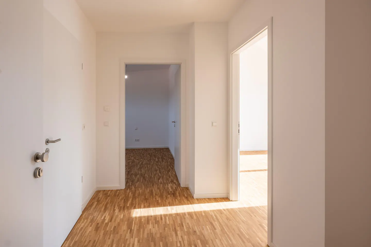 Bright hallway with wood floors and white walls. Two open doorways lead to other rooms. Sunlight streams in.