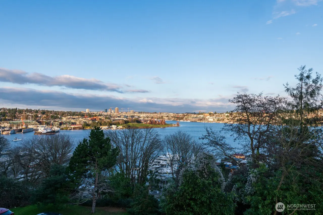View of Seattle skyline over blue water, framed by green trees. Boats are docked near the city. Sky is blue with scattered clouds.