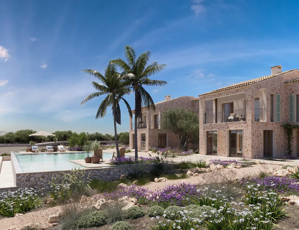 Exterior view of a stone house with a pool, palm trees, and purple flowers under a blue sky.