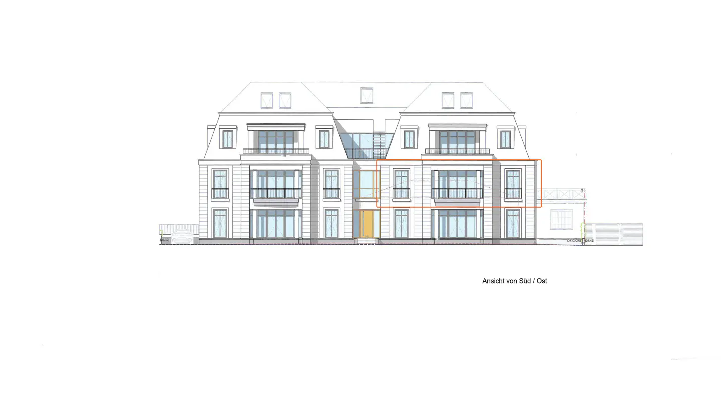 Architectural drawing of a multi-story building facade, viewed from the south-east, with a specific unit outlined in orange.