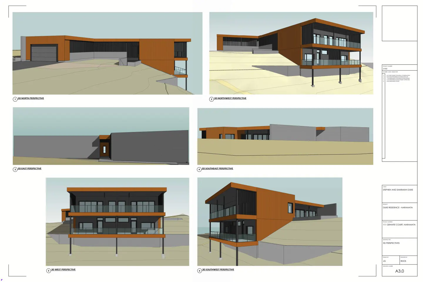 Architectural rendering of a modern, two-story house with brown siding and black framed windows on a sloped lot. Balconies with glass railings are visible.
