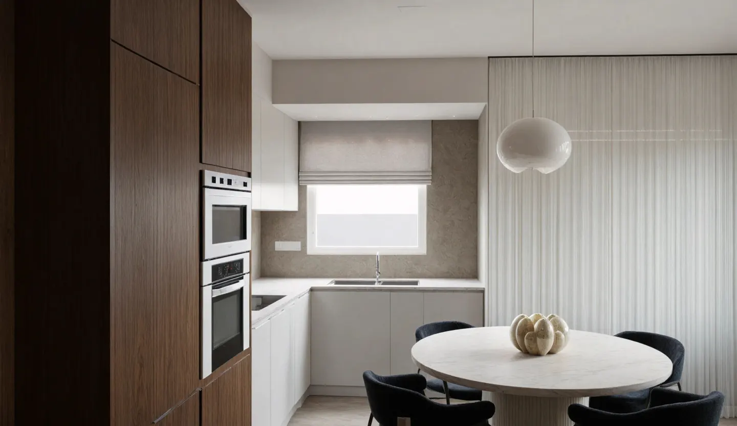 Modern kitchen with wood-paneled cabinets, white appliances, a marble dining table, and dark chairs under a globe pendant.