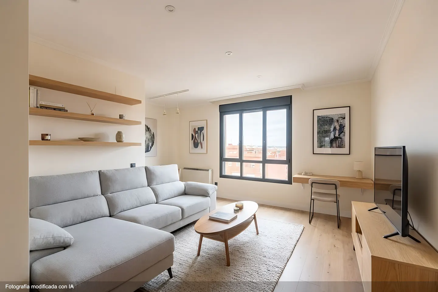 Bright living room with a gray sectional sofa, wood shelves, and a large window with a city view.