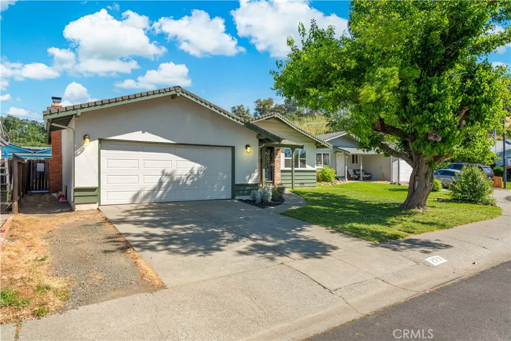 A single-story house with a white garage door, green trim, and a large tree in the front yard.