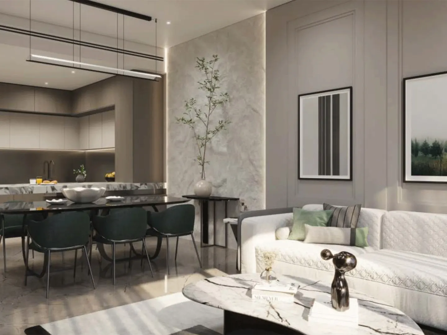 Open-concept living space with a dining table, white sofa, marble coffee table, and gray walls.