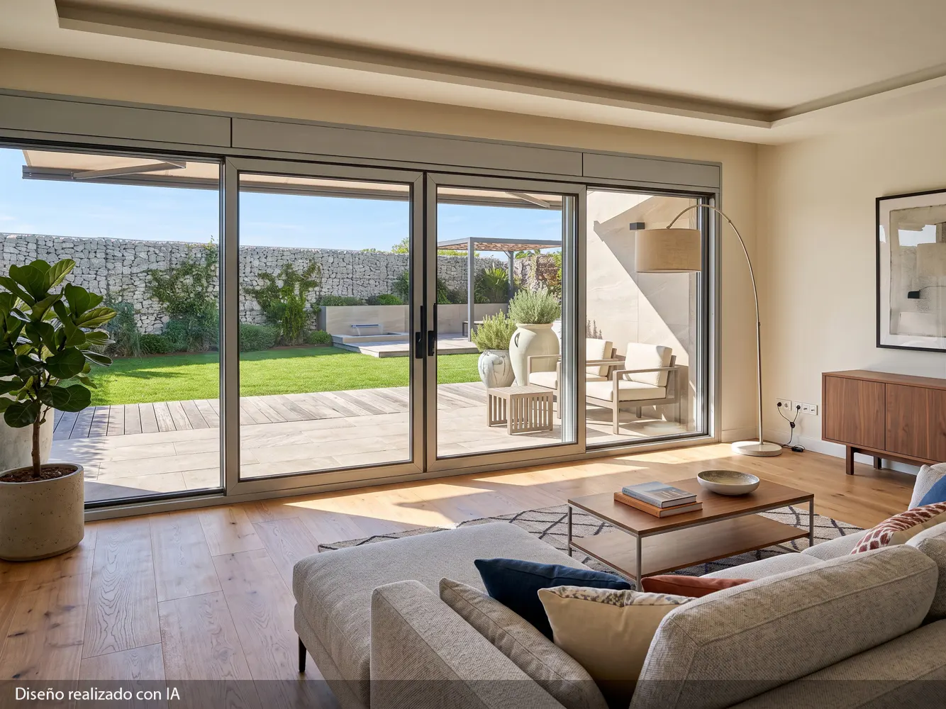 Living room with a gray sofa, wood floors, and large sliding glass doors to a patio and green lawn.