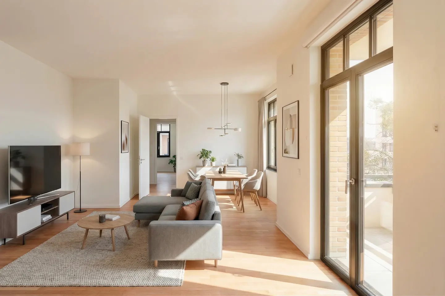 Bright, modern living room with a gray sectional sofa, wood floors, and a large window with sunlight streaming in. Dining area visible in the background.