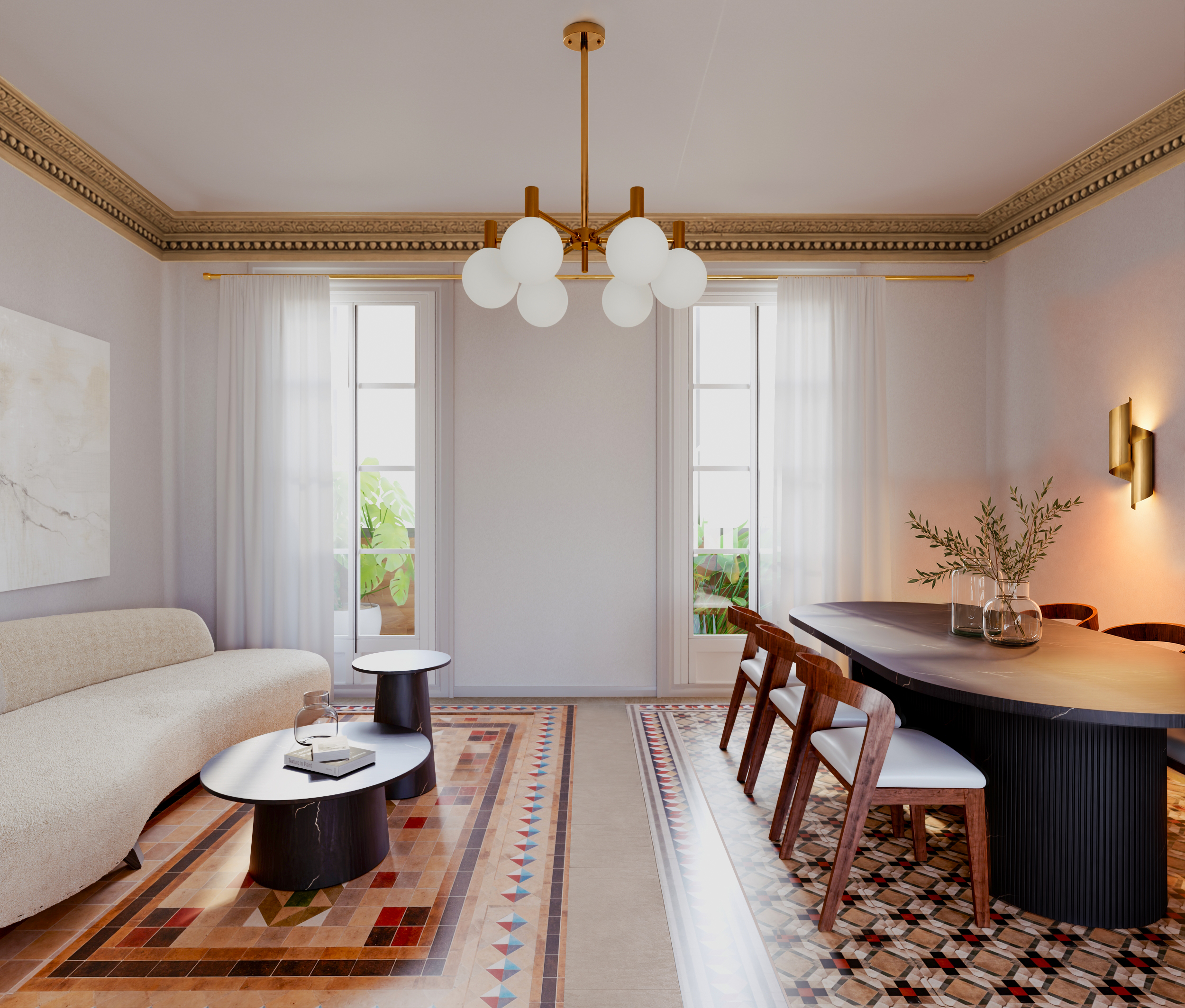 Elegant living and dining room with a curved cream sofa, black oval tables, and a modern gold chandelier over a dining set. [AI-generated text]