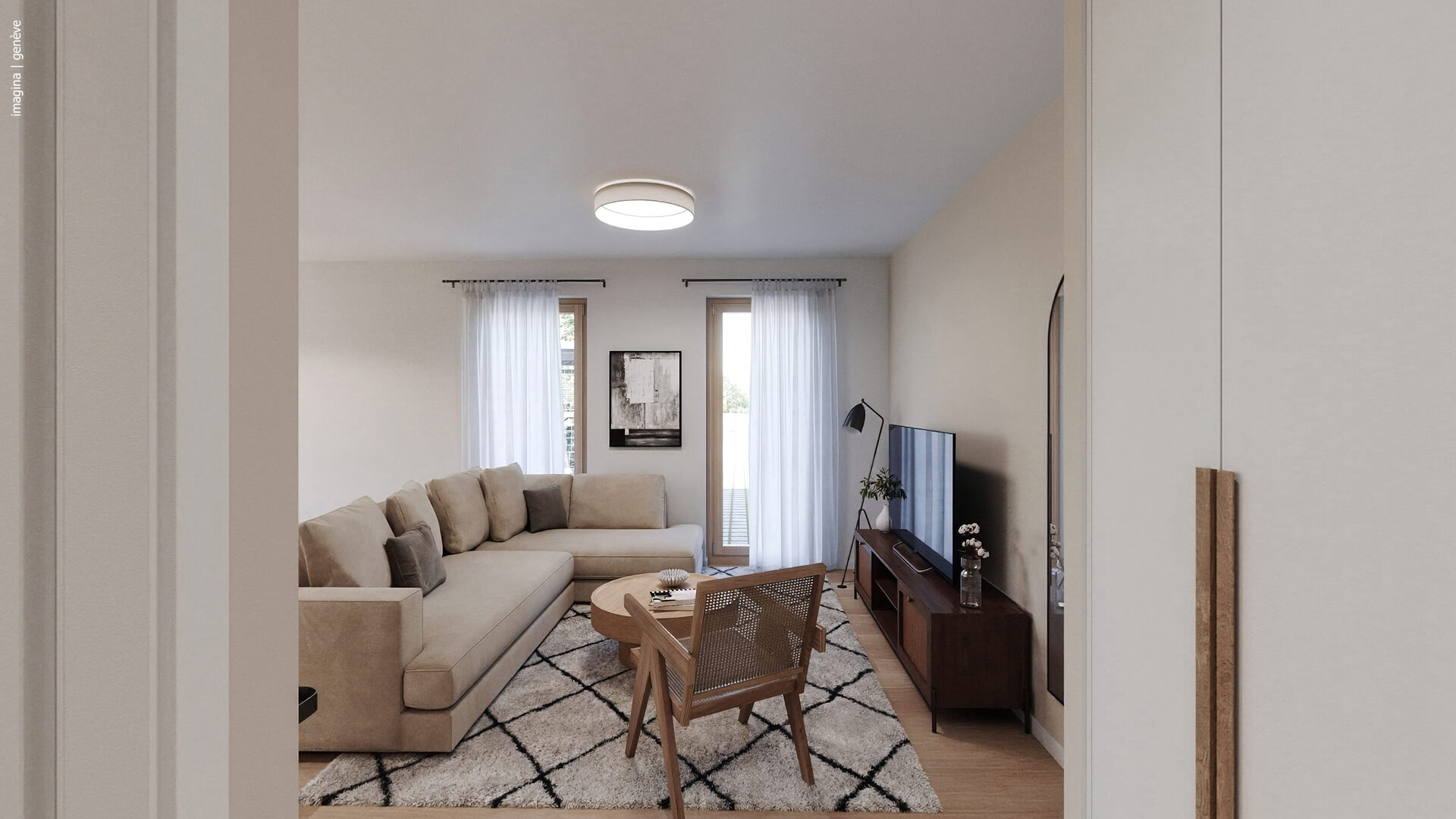 Modern living room with a beige sectional sofa, wooden chair, patterned rug, and TV console, viewed through a doorway. [AI-generated text]