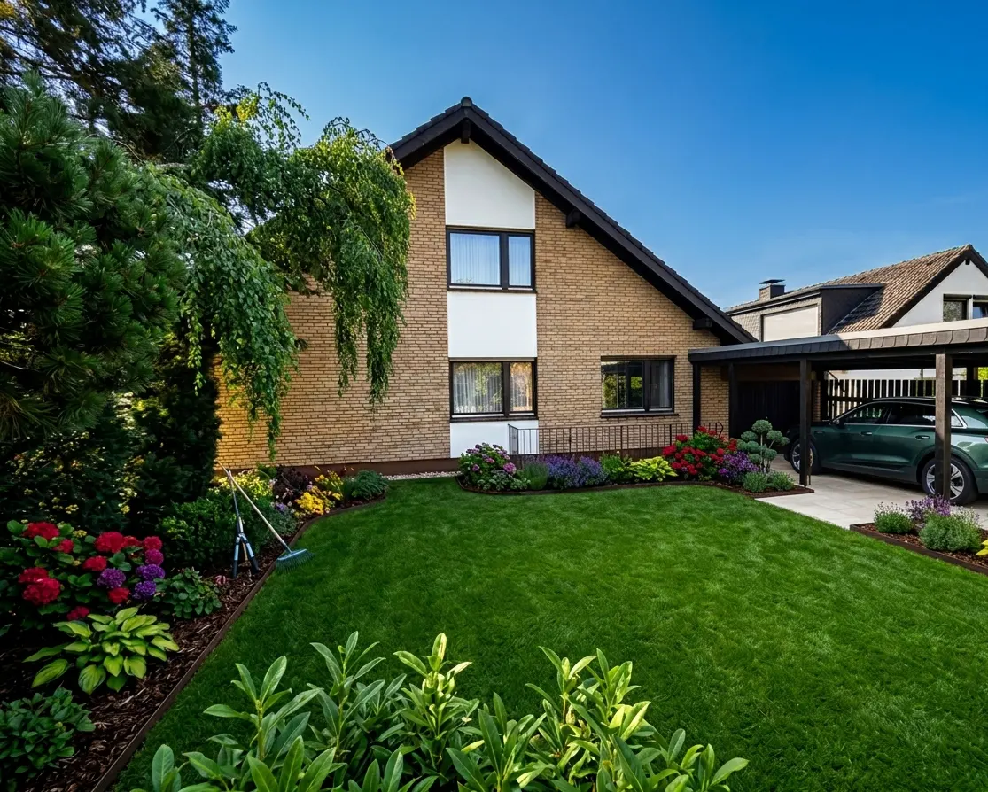 Two-story brick house with a green lawn, colorful flower beds, and a carport with a parked car under a clear blue sky.