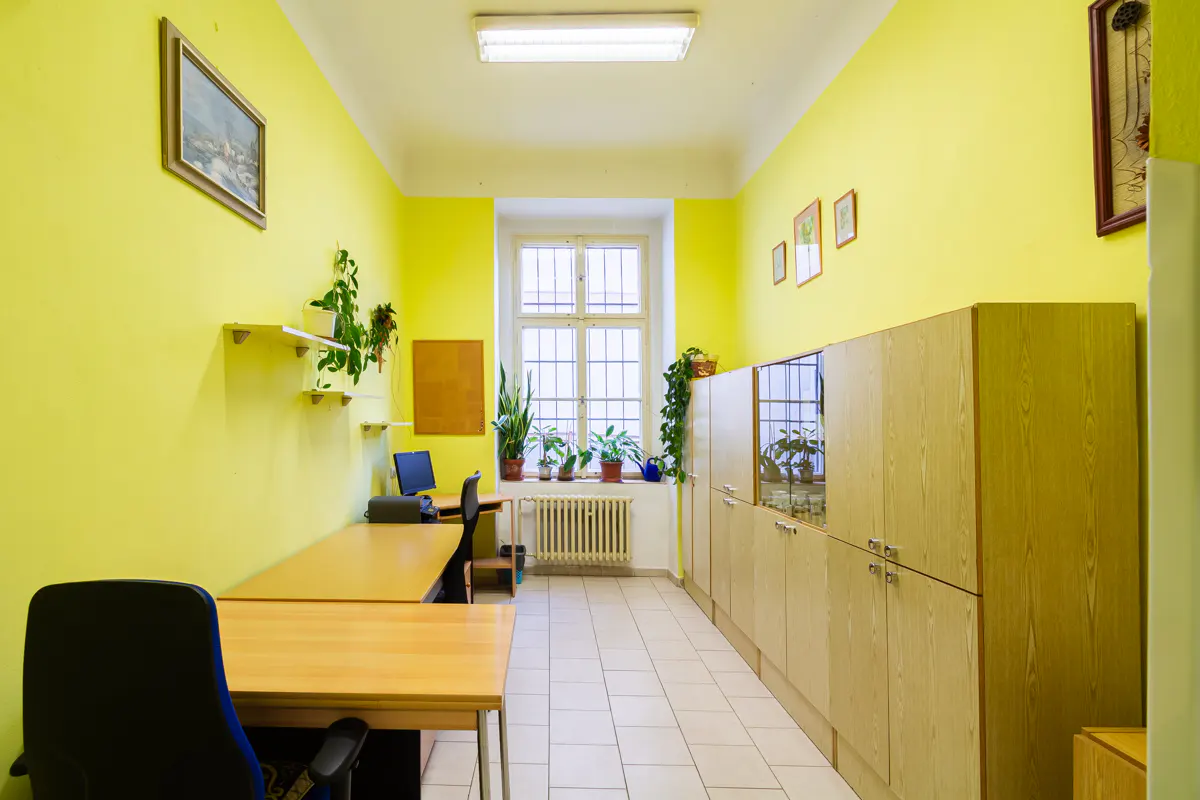 Bright yellow office space with desks, cabinets, and plants. A window with bars is centered in the back.