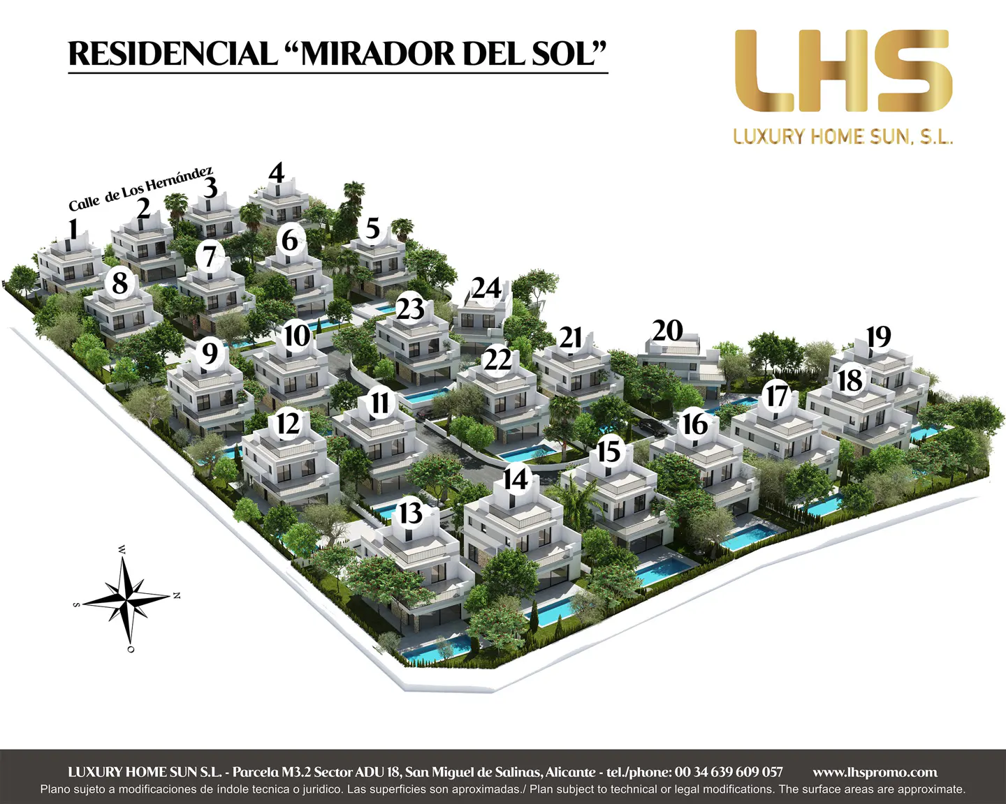 Aerial view of "Residencial Mirador del Sol" shows 24 modern white homes with pools, numbered for reference, surrounded by green trees.