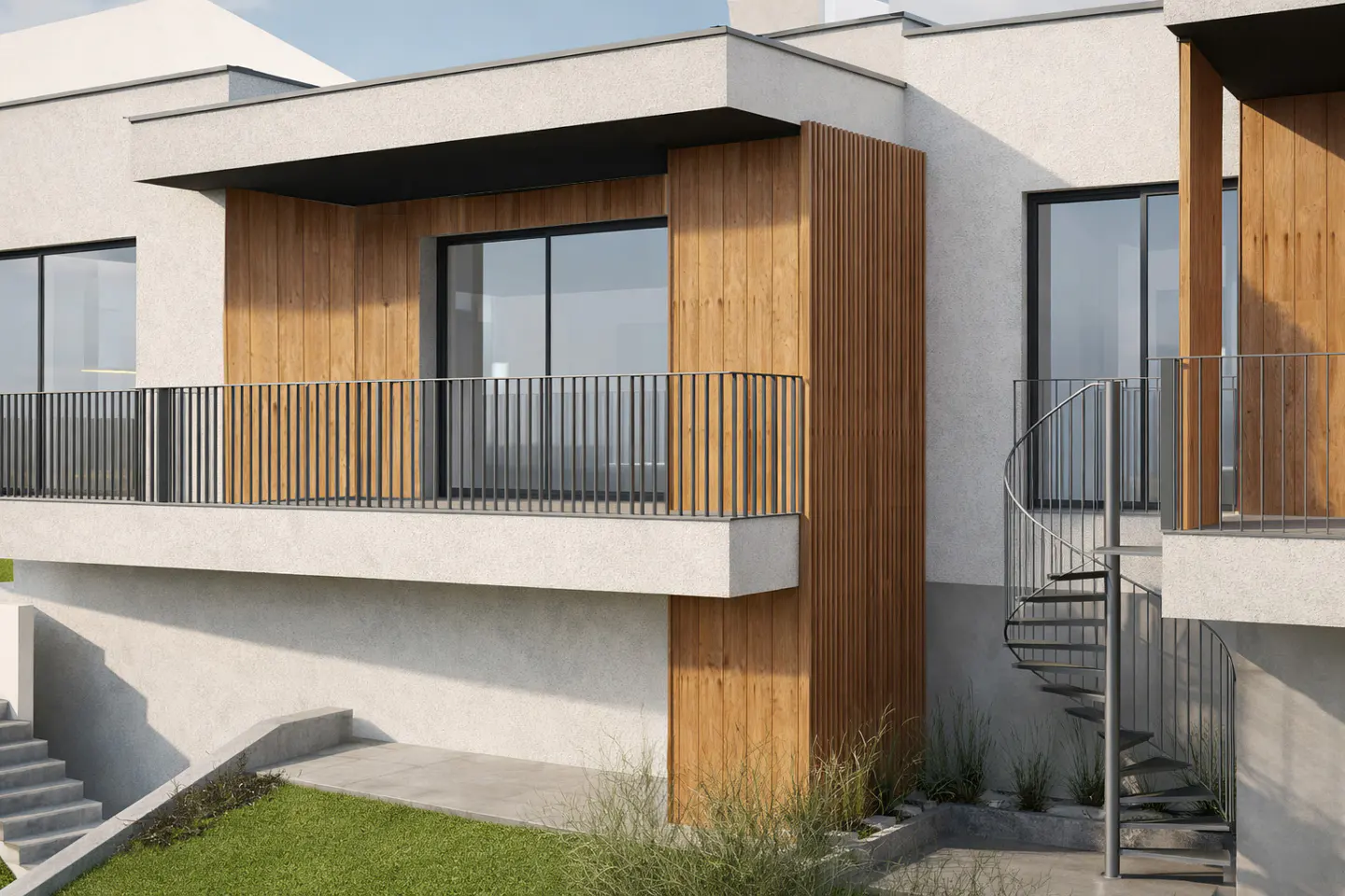 Exterior view of a modern, two-story house with a balcony, wood paneling, and a spiral staircase. The house is painted in neutral tones.