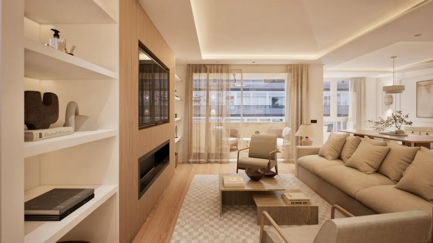 Modern living room with a beige sofa, wooden coffee table, fireplace, built-in shelves, and a balcony with sheer curtains.
